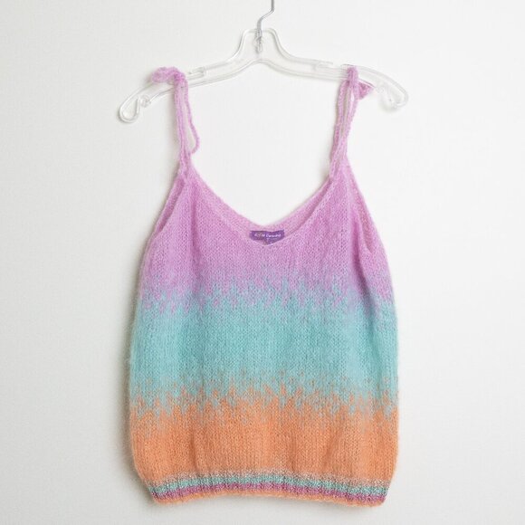 Rose Carmine Handknit Mohair Wool Blend Ombré Tank Top Pastel Rainbow Size 1 - Picture 2 of 12